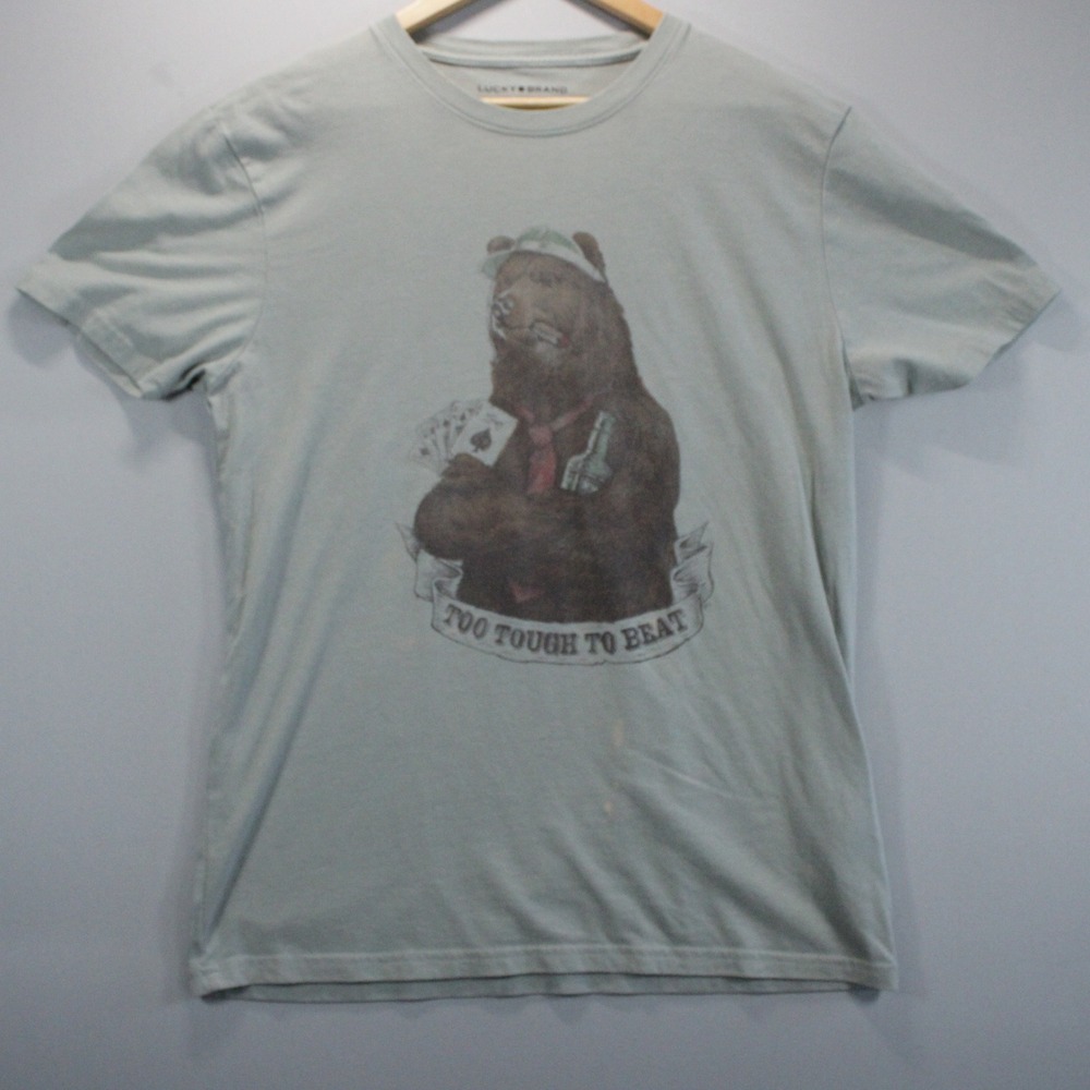 Lucky Brand Mens Bear Luck Poker Graphic T-Shirt Sage Green Gray Size M